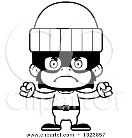 Lineart Clipart of a Cartoon Black and White Mad Chimpanzee Monkey Robber - Royalty Free Outline Vector Illustration by Cory Thoman