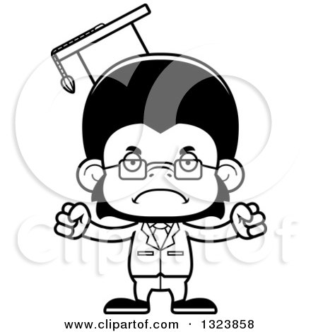 Lineart Clipart of a Cartoon Black and White Mad Chimpanzee Monkey Professor - Royalty Free Outline Vector Illustration by Cory Thoman
