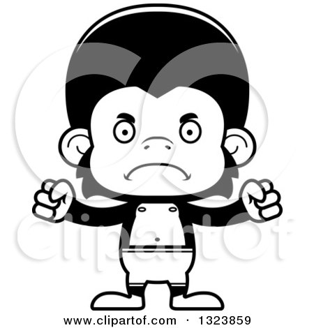 Lineart Clipart of a Cartoon Black and White Mad Chimpanzee Monkey Swimmer - Royalty Free Outline Vector Illustration by Cory Thoman