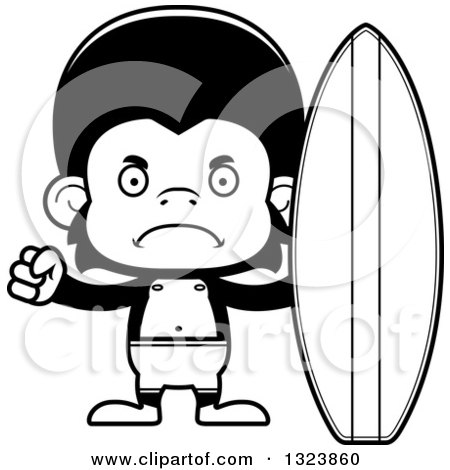 Lineart Clipart of a Cartoon Black and White Mad Chimpanzee Monkey Surfer - Royalty Free Outline Vector Illustration by Cory Thoman