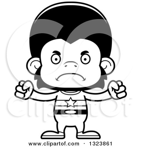 Lineart Clipart of a Cartoon Black and White Mad Chimpanzee Monkey Super Hero - Royalty Free Outline Vector Illustration by Cory Thoman