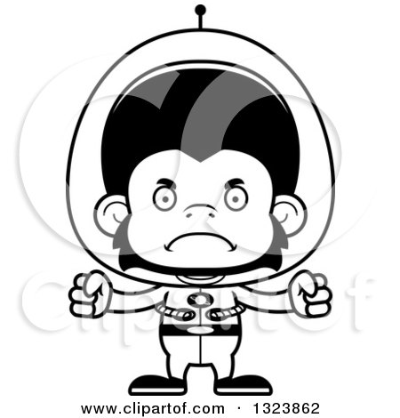 Lineart Clipart of a Cartoon Black and White Mad Futuristic Space Chimpanzee Monkey - Royalty Free Outline Vector Illustration by Cory Thoman
