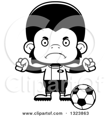 Lineart Clipart of a Cartoon Black and White Mad Chimpanzee Monkey Soccer Player - Royalty Free Outline Vector Illustration by Cory Thoman