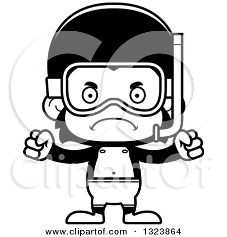 Lineart Clipart of a Cartoon Black and White Mad Chimpanzee Monkey in Snorkel Gear - Royalty Free Outline Vector Illustration by Cory Thoman