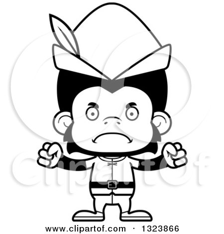 Lineart Clipart of a Cartoon Black and White Mad Robin Hood Chimpanzee Monkey - Royalty Free Outline Vector Illustration by Cory Thoman