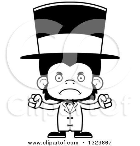 Lineart Clipart of a Cartoon Black and White Mad Chimpanzee Monkey Circus Ringmaster - Royalty Free Outline Vector Illustration by Cory Thoman