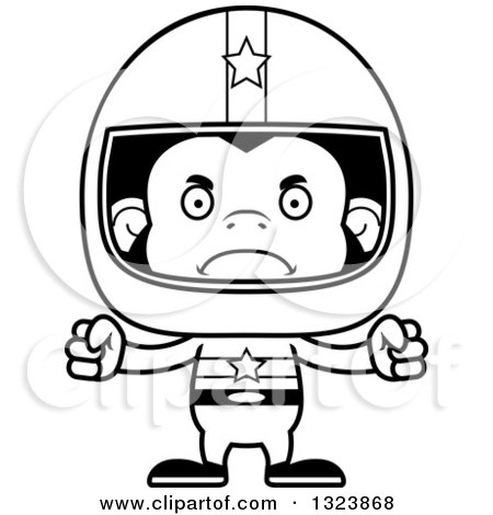 Lineart Clipart of a Cartoon Black and White Mad Chimpanzee Monkey Race Car Driver - Royalty Free Outline Vector Illustration by Cory Thoman