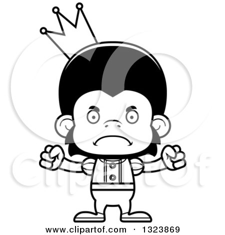 Lineart Clipart of a Cartoon Black and White Mad Chimpanzee Monkey Prince - Royalty Free Outline Vector Illustration by Cory Thoman