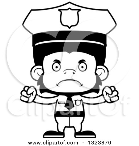 Lineart Clipart of a Cartoon Black and White Mad Chimpanzee Monkey Police Officer - Royalty Free Outline Vector Illustration by Cory Thoman