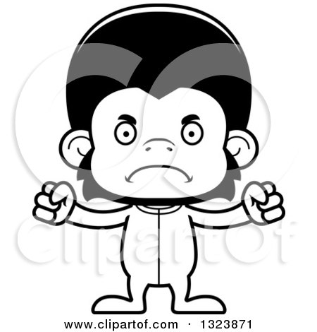 Lineart Clipart of a Cartoon Black and White Mad Chimpanzee Monkey Wearing Pjs - Royalty Free Outline Vector Illustration by Cory Thoman