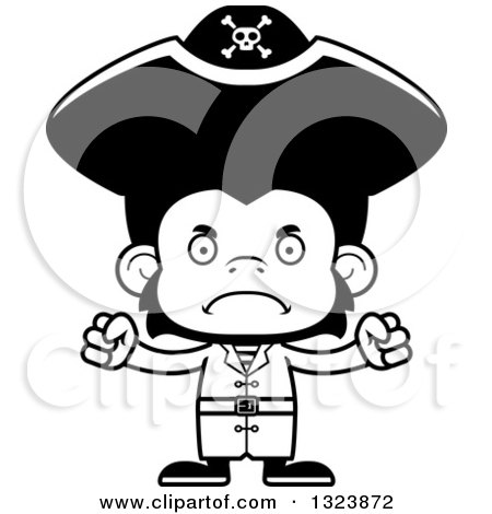 Lineart Clipart of a Cartoon Black and White Mad Chimpanzee Monkey Pirate - Royalty Free Outline Vector Illustration by Cory Thoman