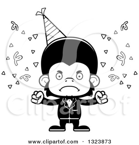 Lineart Clipart of a Cartoon Black and White Mad Party Chimpanzee Monkey - Royalty Free Outline Vector Illustration by Cory Thoman