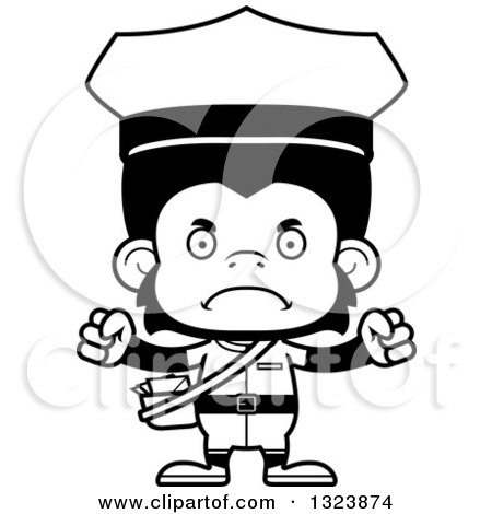 Lineart Clipart of a Cartoon Black and White Mad Chimpanzee Monkey Mailman - Royalty Free Outline Vector Illustration by Cory Thoman
