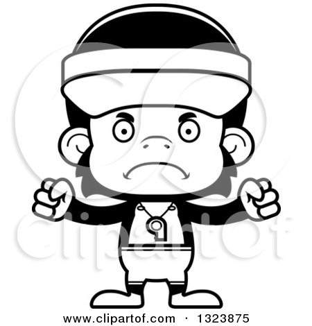 Lineart Clipart of a Cartoon Black and White Mad Chimpanzee Monkey Lifeguard - Royalty Free Outline Vector Illustration by Cory Thoman