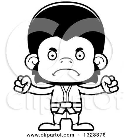 Lineart Clipart of a Cartoon Black and White Mad Karate Chimpanzee Monkey - Royalty Free Outline Vector Illustration by Cory Thoman
