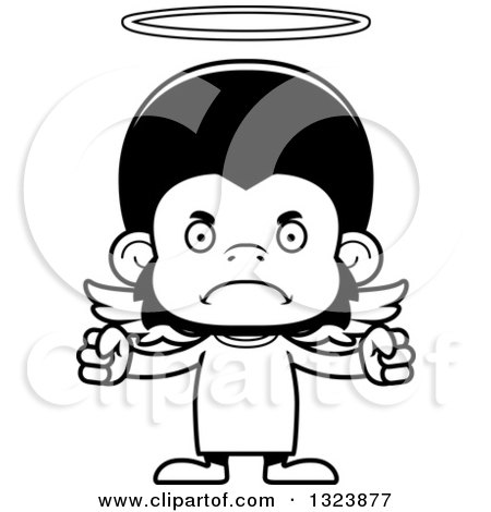 Lineart Clipart of a Cartoon Black and White Mad Chimpanzee Monkey Angel - Royalty Free Outline Vector Illustration by Cory Thoman