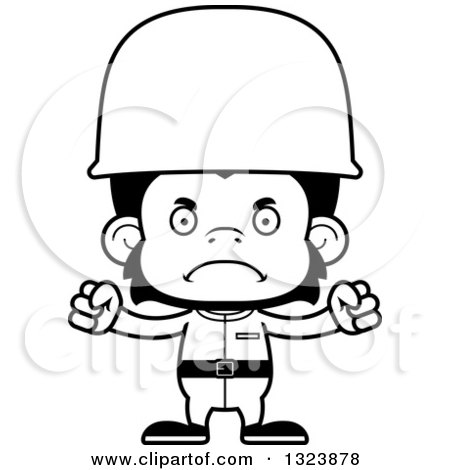 Lineart Clipart of a Cartoon Black and White Mad Chimpanzee Monkey Soldier - Royalty Free Outline Vector Illustration by Cory Thoman