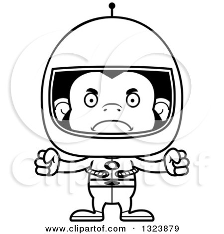 Lineart Clipart of a Cartoon Black and White Mad Chimpanzee Monkey Astronaut - Royalty Free Outline Vector Illustration by Cory Thoman