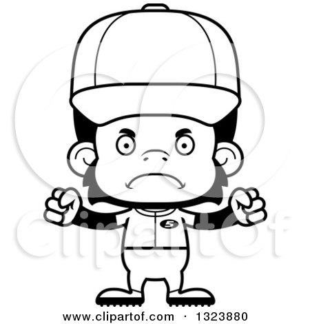 Lineart Clipart of a Cartoon Black and White Mad Chimpanzee Monkey Baseball Player - Royalty Free Outline Vector Illustration by Cory Thoman