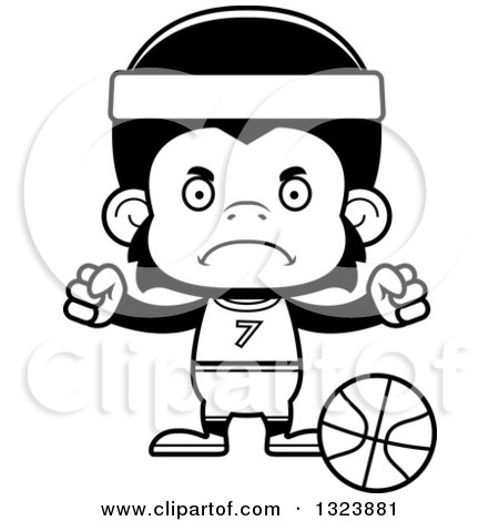 Lineart Clipart of a Cartoon Black and White Mad Chimpanzee Monkey Basketball Player - Royalty Free Outline Vector Illustration by Cory Thoman