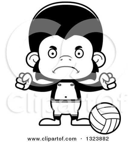 Lineart Clipart of a Cartoon Black and White Mad Chimpanzee Monkey Beach Volleyball Player - Royalty Free Outline Vector Illustration by Cory Thoman