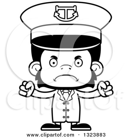 Lineart Clipart of a Cartoon Black and White Mad Chimpanzee Monkey Captain - Royalty Free Outline Vector Illustration by Cory Thoman
