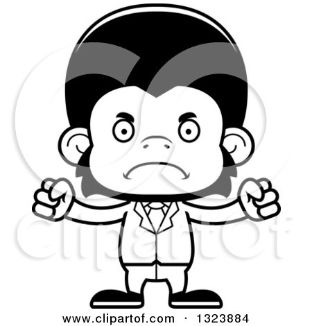 Lineart Clipart of a Cartoon Black and White Mad Business Chimpanzee Monkey - Royalty Free Outline Vector Illustration by Cory Thoman