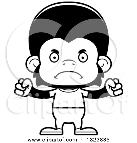 Lineart Clipart of a Cartoon Black and White Mad Casual Chimpanzee Monkey - Royalty Free Outline Vector Illustration by Cory Thoman