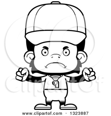Lineart Clipart of a Cartoon Black and White Mad Chimpanzee Monkey Coach - Royalty Free Outline Vector Illustration by Cory Thoman