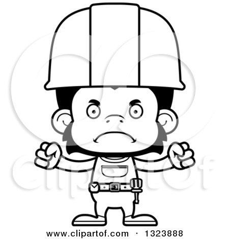 Lineart Clipart of a Cartoon Black and White Mad Chimpanzee Monkey Construction Worker - Royalty Free Outline Vector Illustration by Cory Thoman