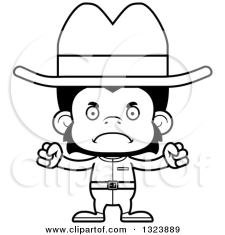 Lineart Clipart of a Cartoon Black and White Mad Chimpanzee Monkey Cowboy - Royalty Free Outline Vector Illustration by Cory Thoman