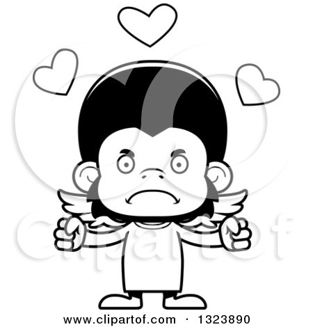 Lineart Clipart of a Cartoon Black and White Mad Chimpanzee Monkey Cupid - Royalty Free Outline Vector Illustration by Cory Thoman