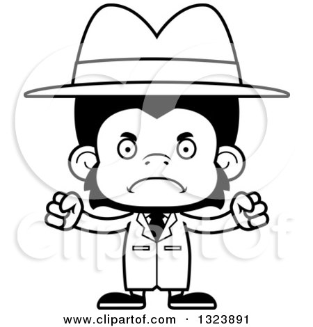 Lineart Clipart of a Cartoon Black and White Mad Chimpanzee Monkey Detective - Royalty Free Outline Vector Illustration by Cory Thoman