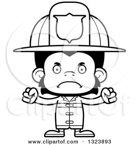 Lineart Clipart of a Cartoon Black and White Mad Chimpanzee Monkey Firefighter - Royalty Free Outline Vector Illustration by Cory Thoman