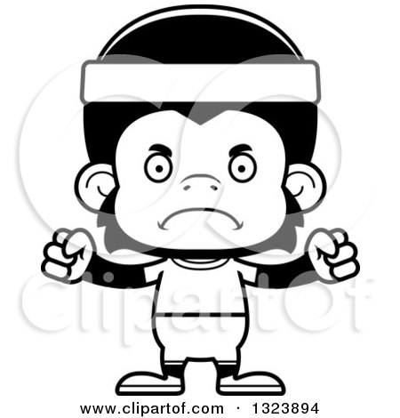 Lineart Clipart of a Cartoon Black and White Mad Fitness Chimpanzee Monkey - Royalty Free Outline Vector Illustration by Cory Thoman