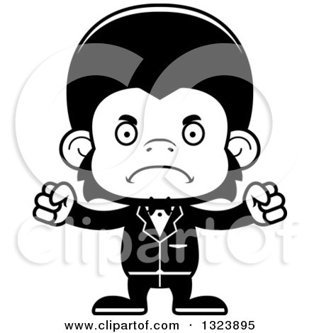 Lineart Clipart of a Cartoon Black and White Mad Chimpanzee Monkey Groom - Royalty Free Outline Vector Illustration by Cory Thoman