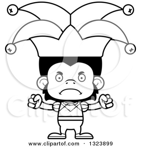 Lineart Clipart of a Cartoon Black and White Mad Chimpanzee Monkey Jester - Royalty Free Outline Vector Illustration by Cory Thoman