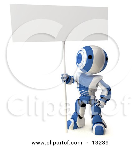 Blue and White Striped Metal Robot Standing and Holding a Big Blank Sign Clipart Illustration by Leo Blanchette