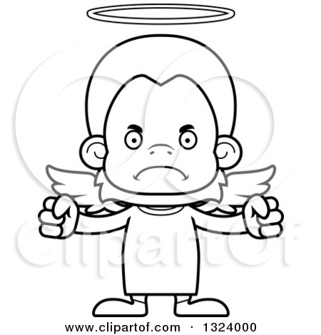 Lineart Clipart of a Cartoon Black and White Mad Orangutan Monkey Angel - Royalty Free Outline Vector Illustration by Cory Thoman