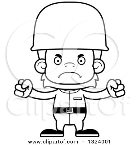 Lineart Clipart of a Cartoon Black and White Mad Orangutan Monkey Soldier - Royalty Free Outline Vector Illustration by Cory Thoman