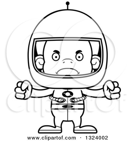 Lineart Clipart of a Cartoon Black and White Mad Orangutan Monkey Astronaut - Royalty Free Outline Vector Illustration by Cory Thoman