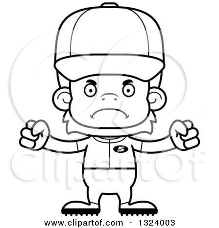 Lineart Clipart of a Cartoon Black and White Mad Orangutan Monkey Baseball Player - Royalty Free Outline Vector Illustration by Cory Thoman