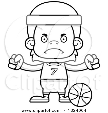 Lineart Clipart of a Cartoon Black and White Mad Orangutan Monkey Basketball Player - Royalty Free Outline Vector Illustration by Cory Thoman