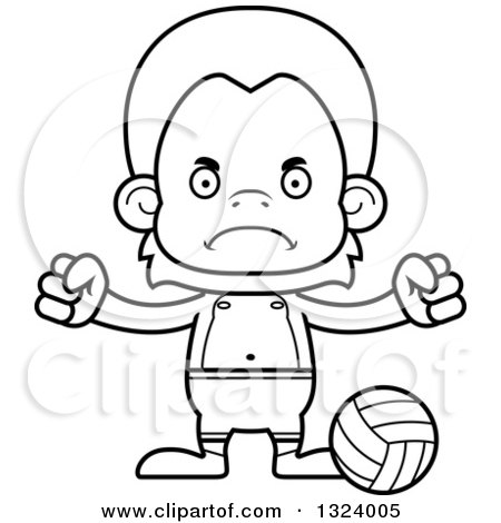 Lineart Clipart of a Cartoon Black and White Mad Orangutan Monkey Beach Volleyball Player - Royalty Free Outline Vector Illustration by Cory Thoman