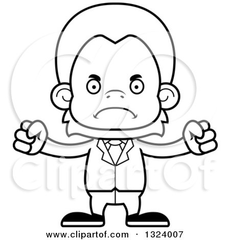 Lineart Clipart of a Cartoon Black and White Mad Orangutan Monkey Business Man - Royalty Free Outline Vector Illustration by Cory Thoman