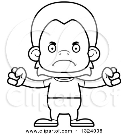 Lineart Clipart of a Cartoon Black and White Mad Casual Orangutan Monkey - Royalty Free Outline Vector Illustration by Cory Thoman