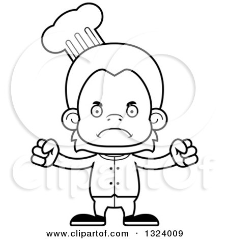 Lineart Clipart of a Cartoon Black and White Mad Orangutan Monkey Chef - Royalty Free Outline Vector Illustration by Cory Thoman