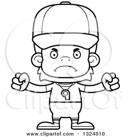 Lineart Clipart of a Cartoon Black and White Mad Orangutan Monkey Sports Coach - Royalty Free Outline Vector Illustration by Cory Thoman