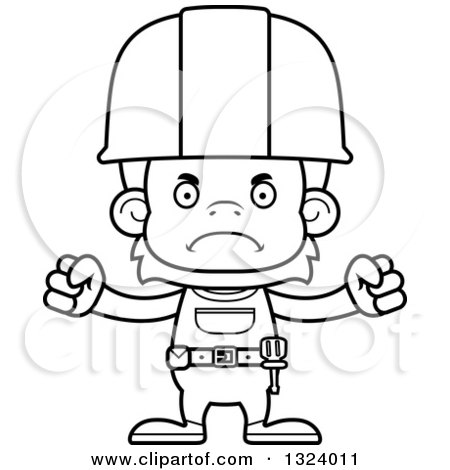 Lineart Clipart of a Cartoon Black and White Mad Orangutan Monkey Construction Worker - Royalty Free Outline Vector Illustration by Cory Thoman