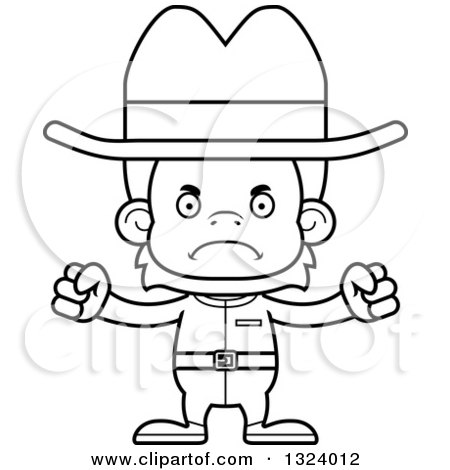 Lineart Clipart of a Cartoon Black and White Mad Cowboy Orangutan Monkey - Royalty Free Outline Vector Illustration by Cory Thoman